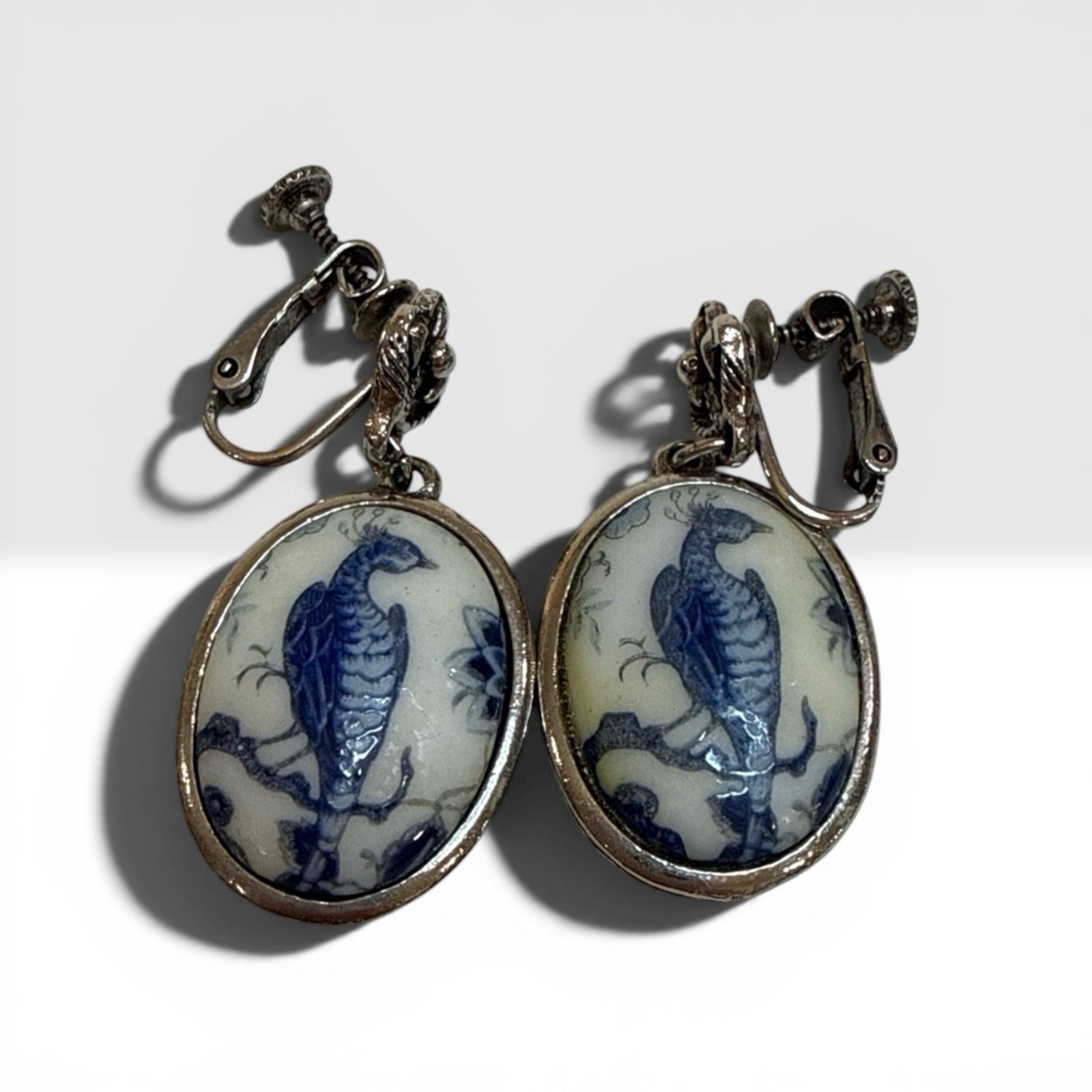 Goldette Silver Tone Pierced Earrings Porcelain Inlay Paradise Bird Oval Drop